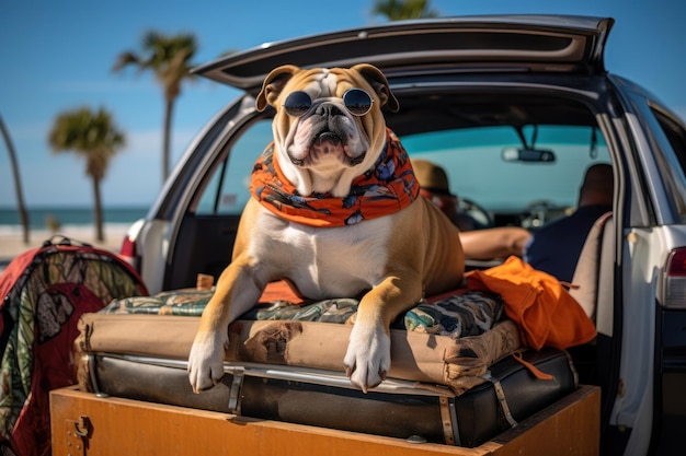 Photo car trunk with cute dog and luggage dog travel concept generative ai