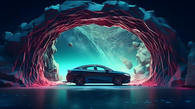 A car in a tunnel with a blue background and a planet in the background.