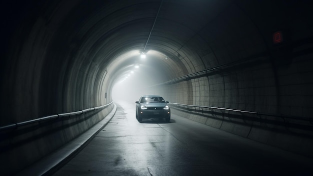 A car in a tunnel with lights on