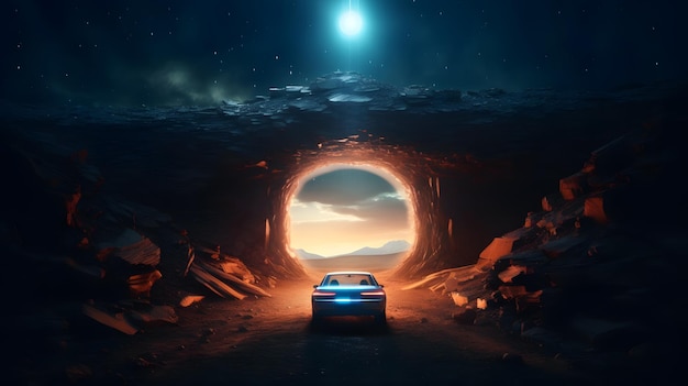 A car in a tunnel with the sun shining on it