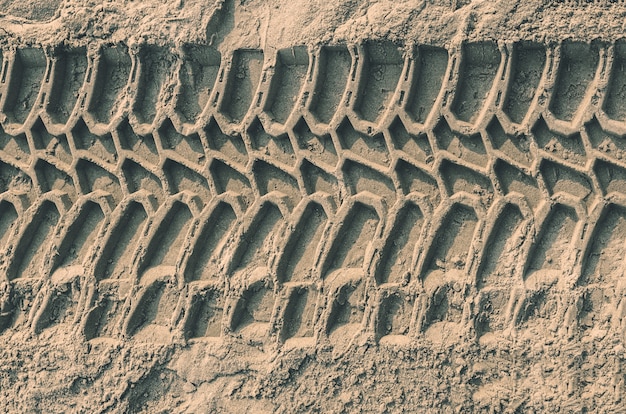 Car tyre tracks prints on sandy beach