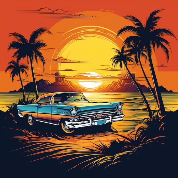 Car vintage retro summer t shirt design illustration image AI generated art