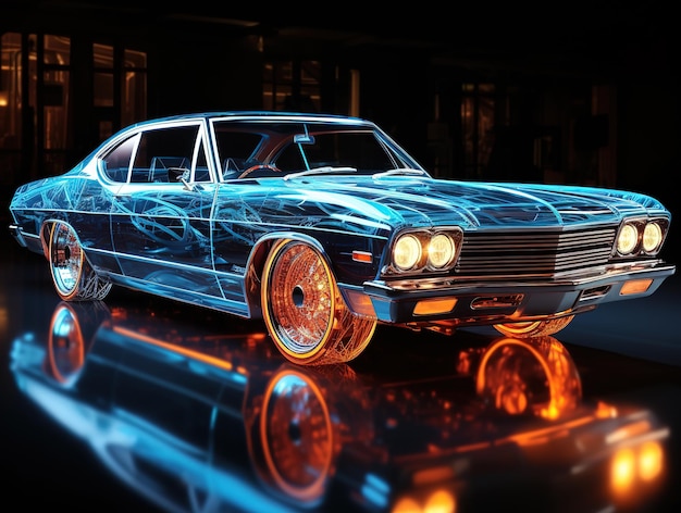 Фото Визуализация автомобиля с дополненной реальностью прозрачная машина в студийном рисунке в синих цветах