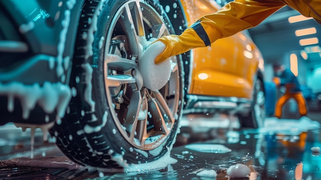 Car wash Closeup of a worker washing a car wheel with a sponge