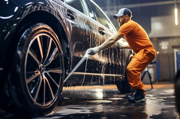 Car Wash Employee Cleaning Alloy Wheels at the Car Wash Generative AI