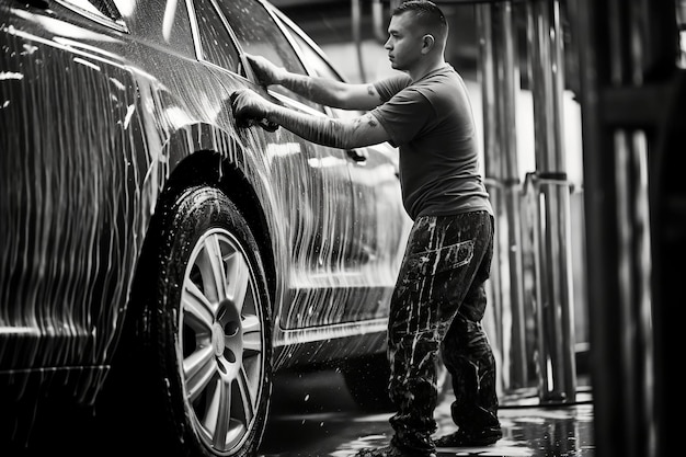 Car Wash-medewerker reinigt legeringswielen bij de Car Wash Generative AI