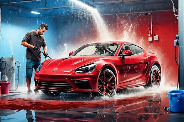 Car Wash Specialist Using Pressure Washer to Rinse a Red Modern Sports Car Adult Man Washing Away Dirt