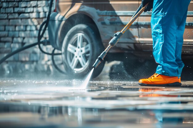 Мить машину в воде под высоким давлением при заходе солнца