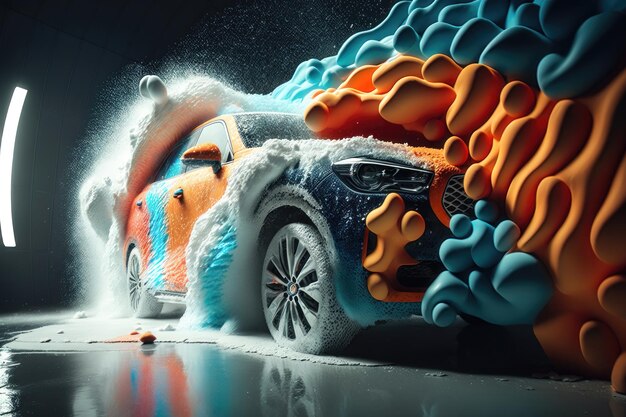 Car wash with colored foam AI generated