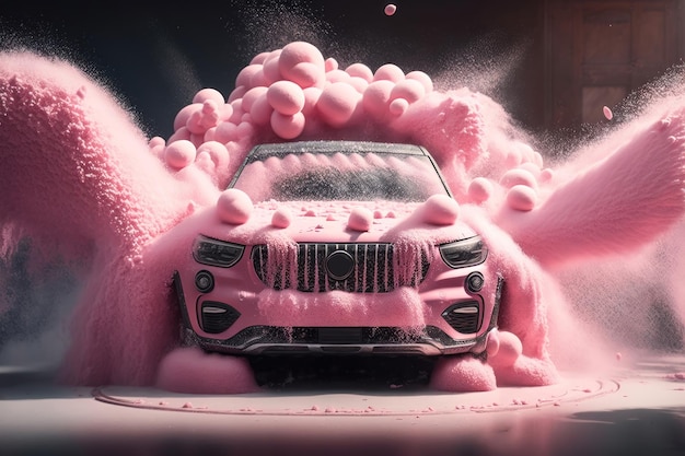 Car wash with pink foam AI generated