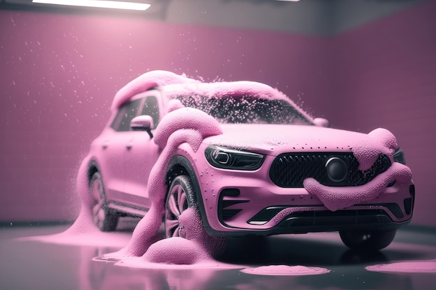 Автомойка с розовой пеной, созданной AI