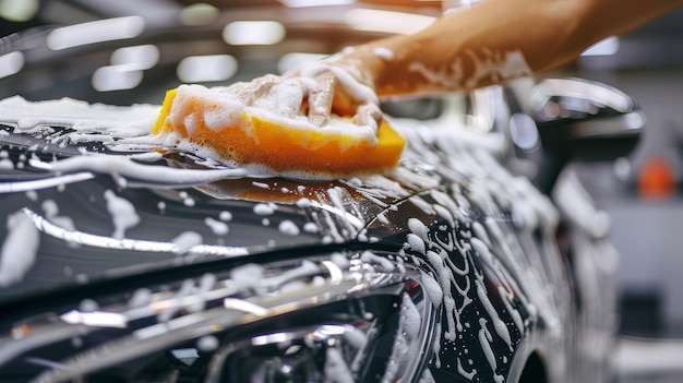 car washer wipes windshield with foam sponge