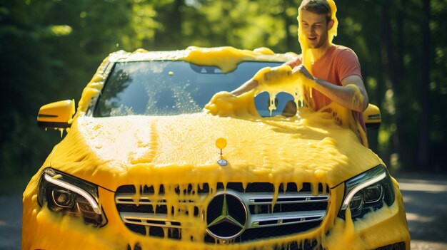 Foto lavaggio auto pulizia auto con schiuma blu utilizzando acqua ad alta pressione focalizzazione selettiva