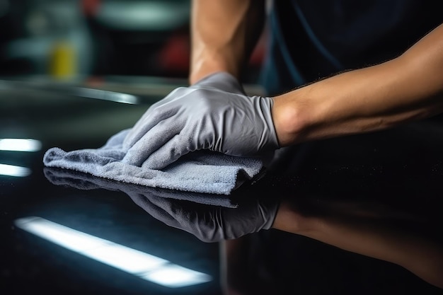 Photo car washing man polishes his car with microfiber cloth automobile washing generative ai illustration