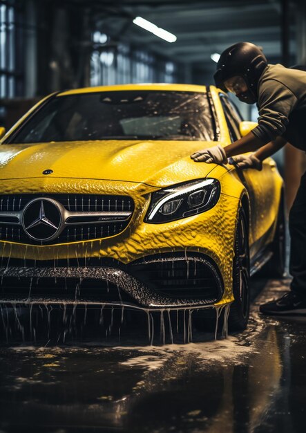 Photo car washing portrait of young handsome man cleaning his car using high pressure water and cloth on a car wash