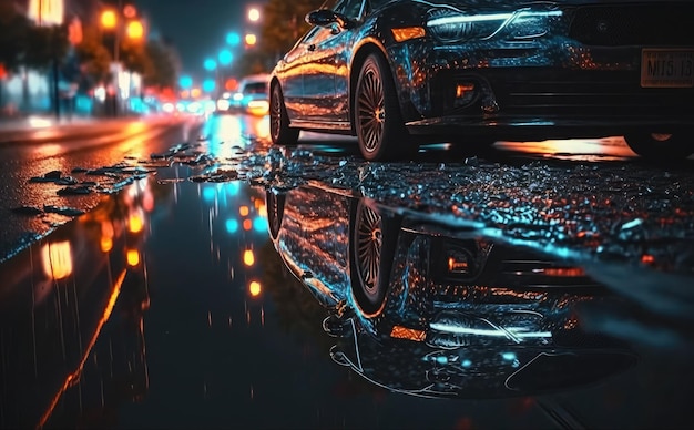 A car on a wet road at night with the lights reflecting on the wet pavement.