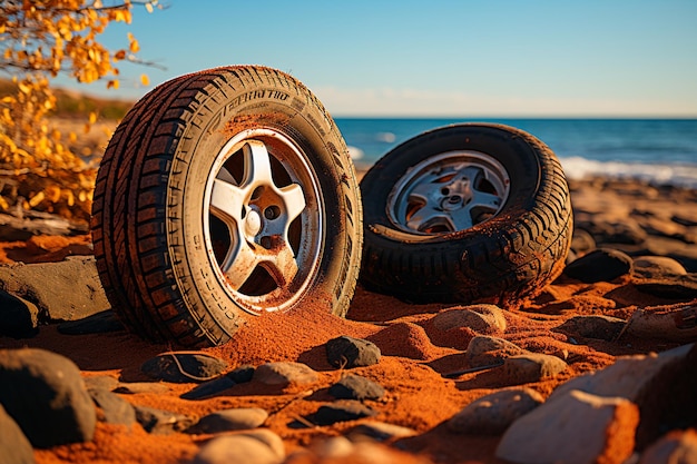 Фото Автомобильное колесо и шина на пляже на закате