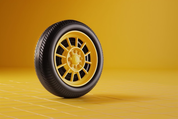 Автомобильное колесо Диск с шинами и тормозами изолированы на желтом фоне