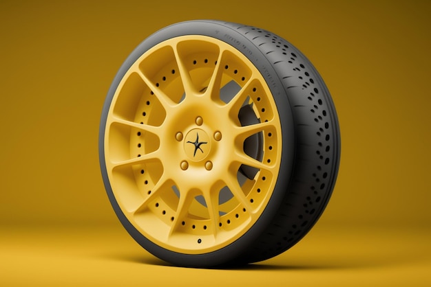 Car wheel Disk with tyre and brakes isolated on yellow background