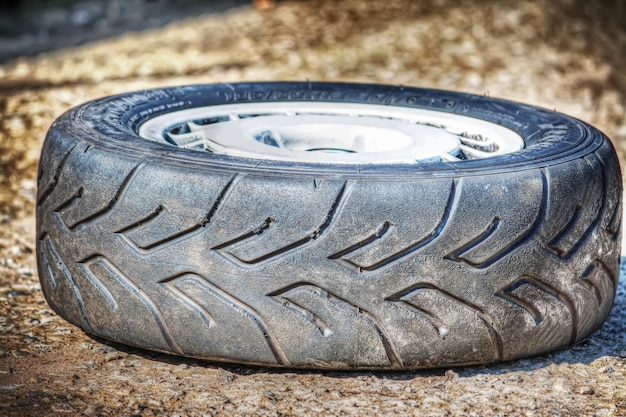 Car wheel on the ground in hdr