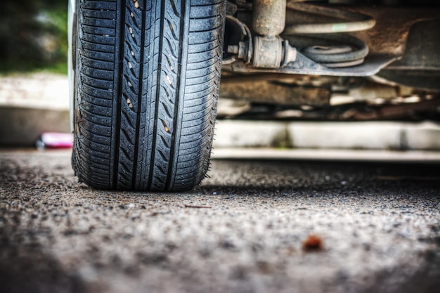 Car wheel on the ground seen from behind