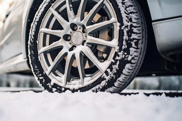 雪の中の車のホイールのクローズアップ冬のコンセプトAIで運転