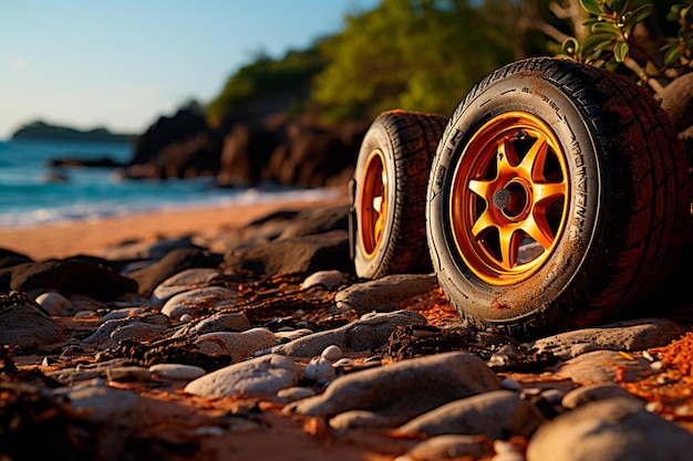 Foto ruota e pneumatico dell'auto sulla spiaggia al tramonto