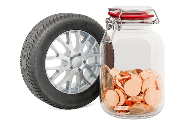 Car wheel with glass jar full of golden coins 3D rendering