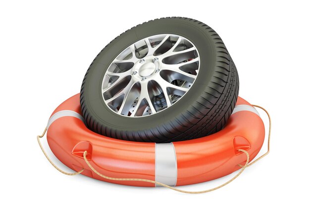 Photo car wheel with lifebelt service and repair concept 3d rendering