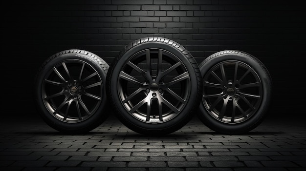Концепция автомобильных колес 3D рендеринг иллюстрации на темном фоне