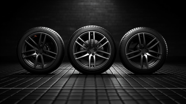 Концепция автомобильных колес 3D рендеринг иллюстрации на темном фоне
