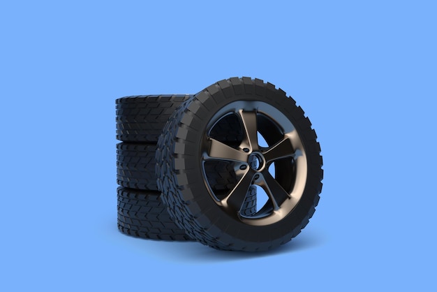 Car wheels isolated on bright blue background in pastel colors Alloy wheels tire auto 3D render