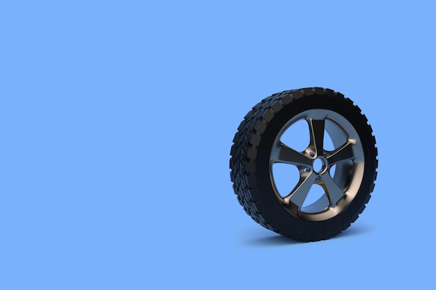 Car wheels isolated on bright blue background in pastel colors Alloy wheels tire auto 3D render