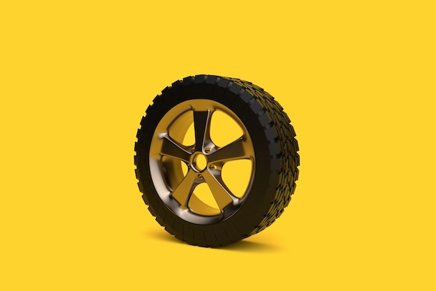 밝은 노란색 배경에 고립 된 자동차 바 합성 바 타이어 자동 3D 렌더링 일러스트레이션
