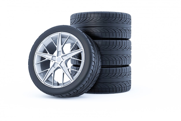 Car wheels isolated on a white background. 3D rendering.