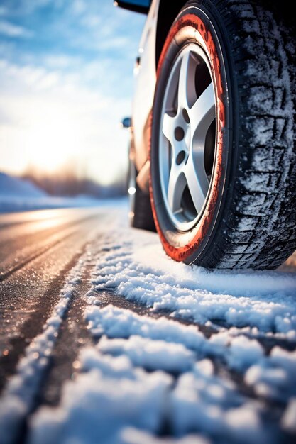 雪に覆われた道路の車輪 選択的な焦点 白