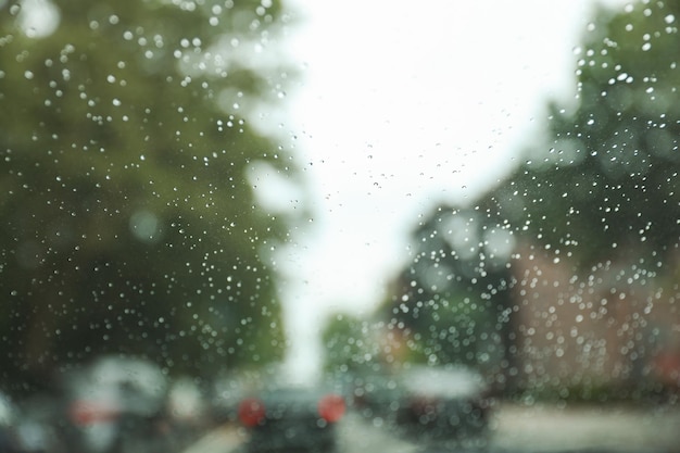 雨の滴で覆われた車の窓は自然の美しさと静けさを象徴しています 水滴は