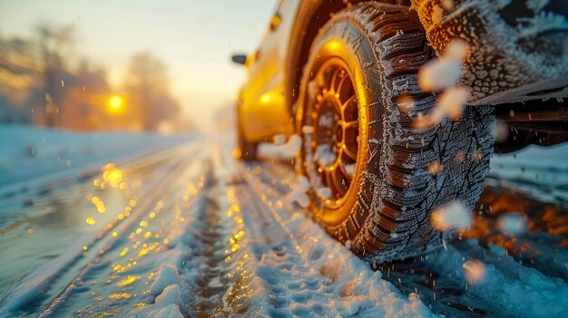 Car on winter road covered with snow at sunset Closeup