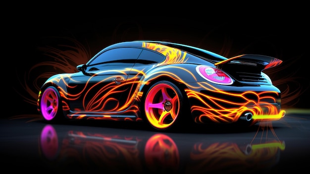 Photo car with airbrushing and neon lighting on a dark background