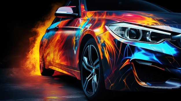 Car with airbrushing and neon lights on a dark background