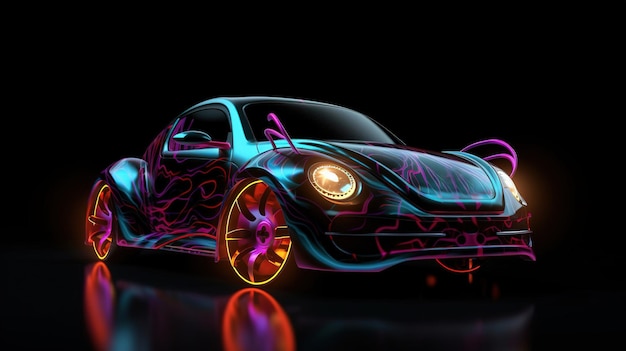 Photo car with airbrushing and neon lights on a dark background