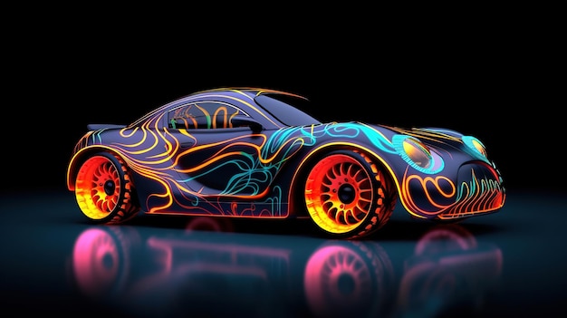 Photo car with airbrushing and neon lights on a dark background