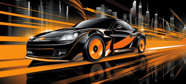 A car with a black body and orange wheels is on a road.