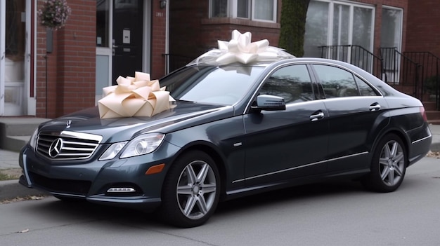 A car with a bow on the roof