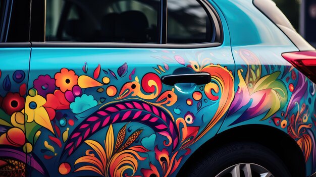 Car with colorful decal photo realistic illustration
