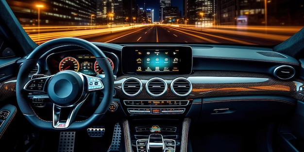 A car with a digital display in the center of the dashboard