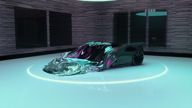 ガラス屋根の車が水色の背景の丸いテーブルに乗っています。