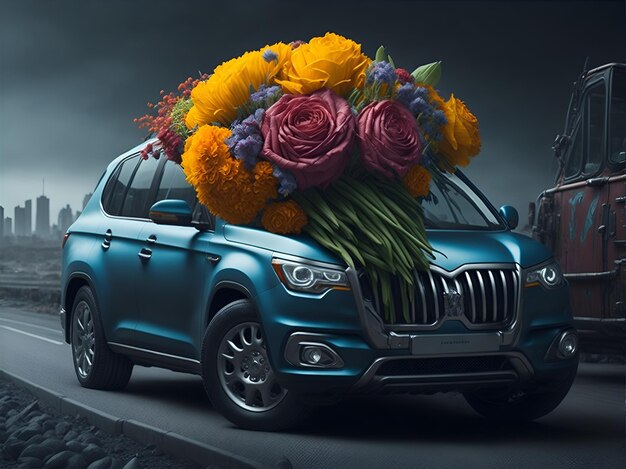 Photo car with a grand bouquet ai generated