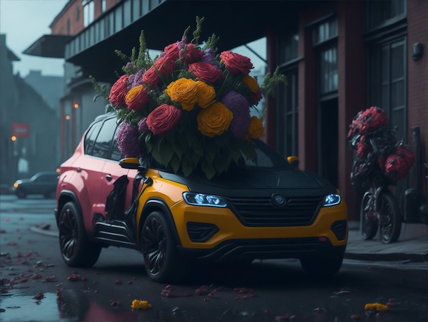 Photo car with a grand bouquet ai generated