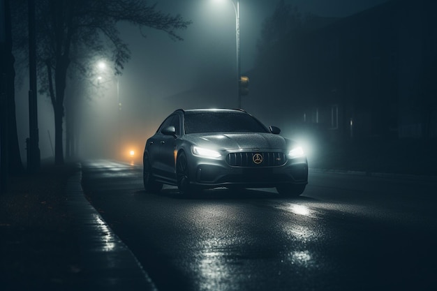 A car with the headlights on in the dark
